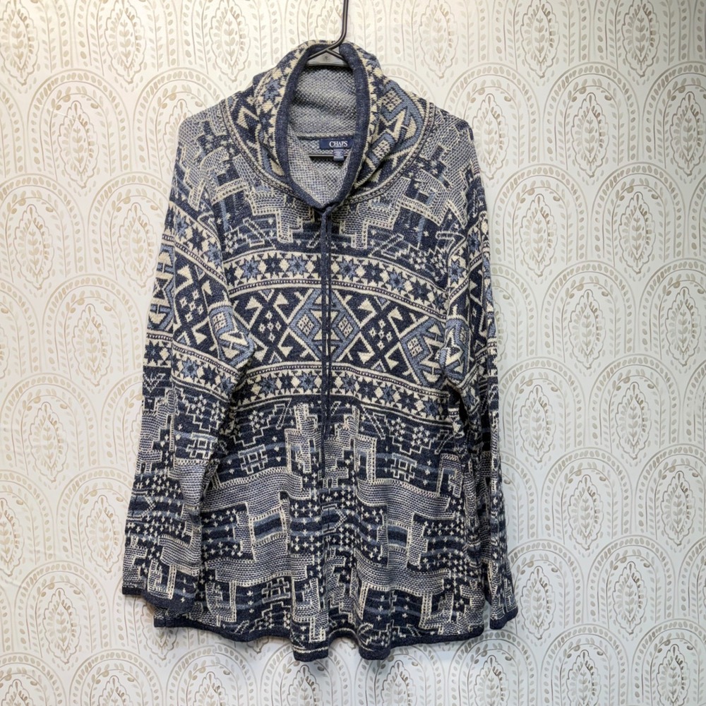 Chaps Sweater Womens 2X Blue Geometric Fair Isle Cowl Neck Cotton Knit Pullover